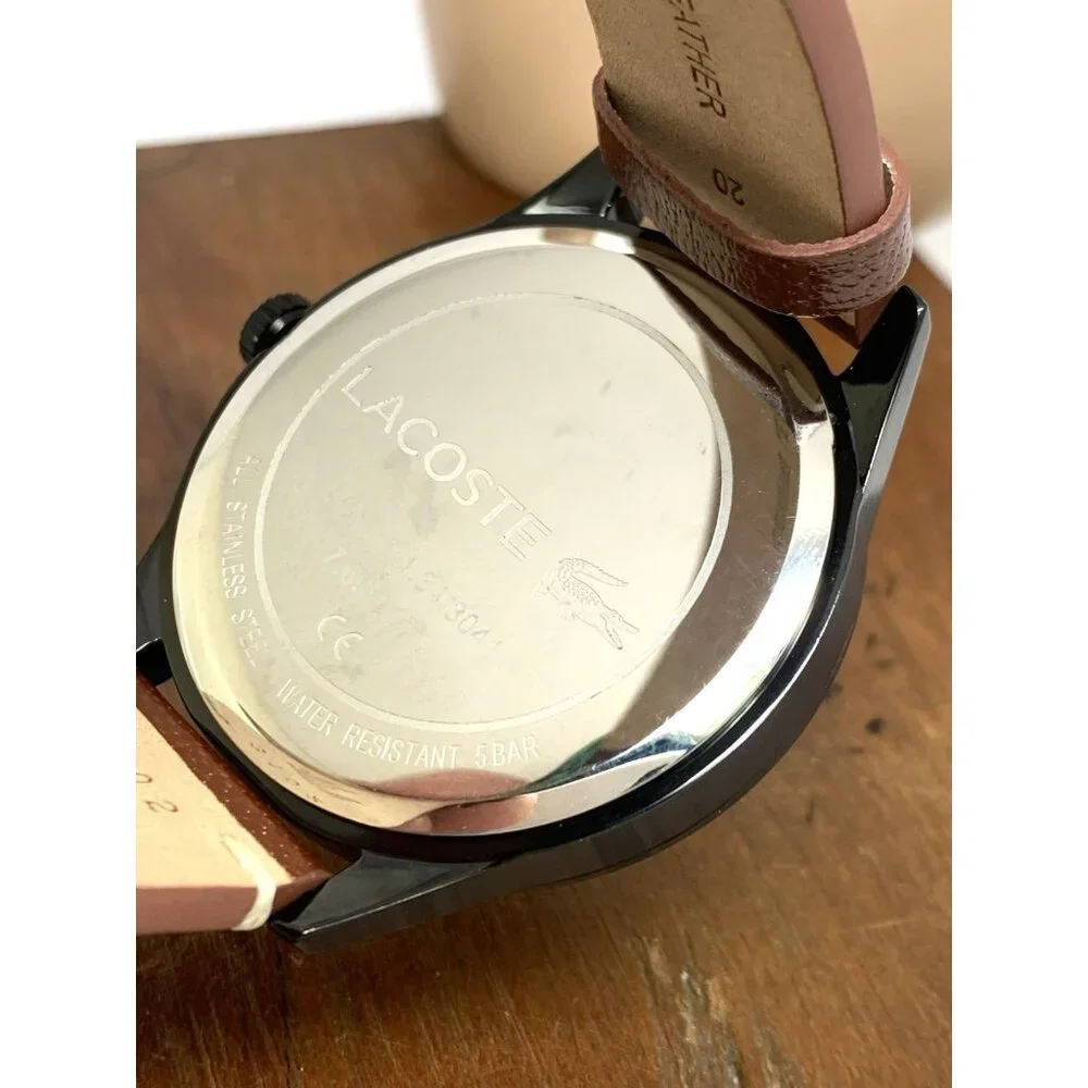 Lacoste Men's Watch 2011106 Traveler Quartz Black Dial Brown Leather Band 43mm
